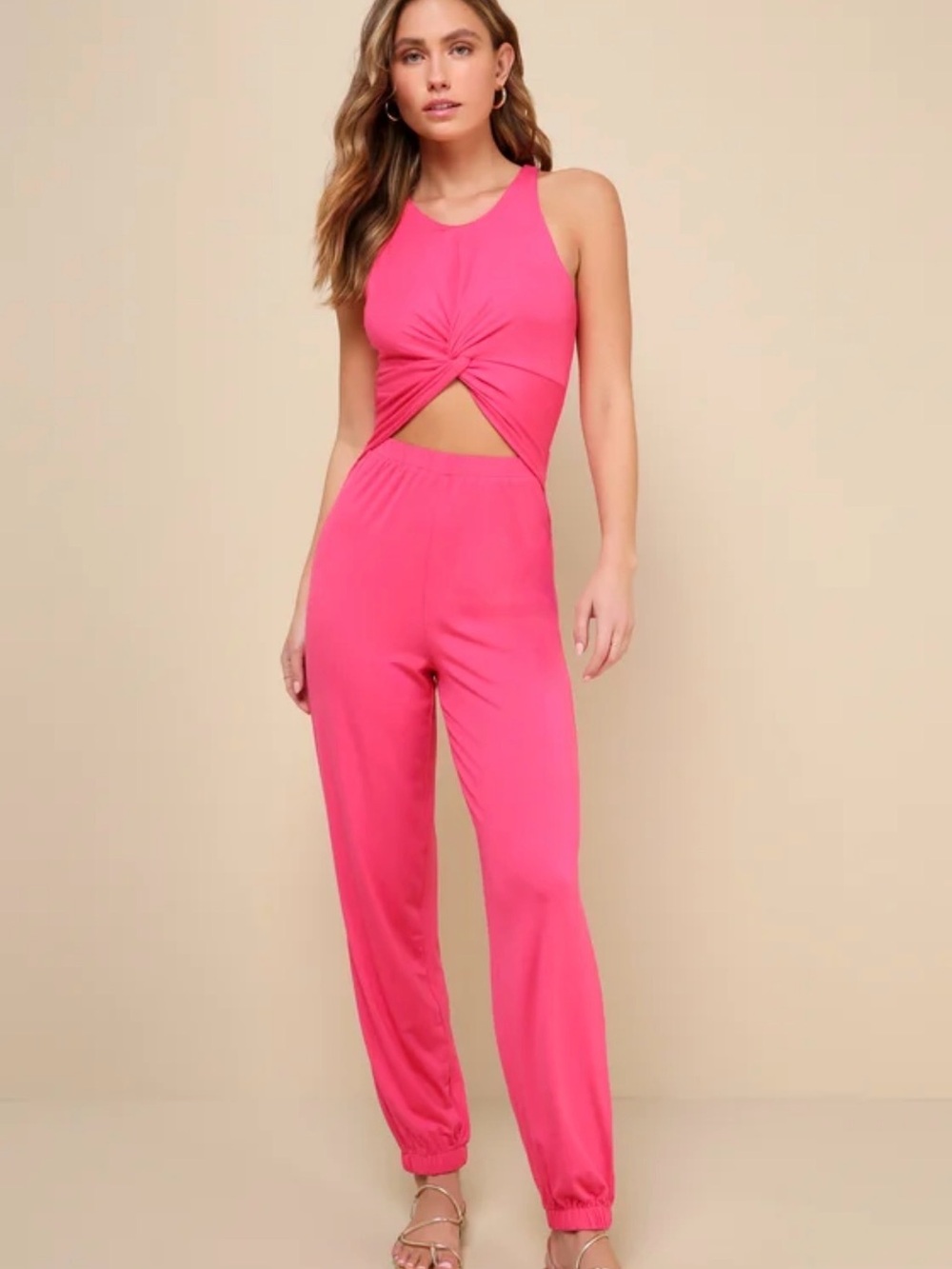 Lulu's Fun-Loving Comfort Hot Pink Twist-Front Cutout Jogger Jumpsuit XL